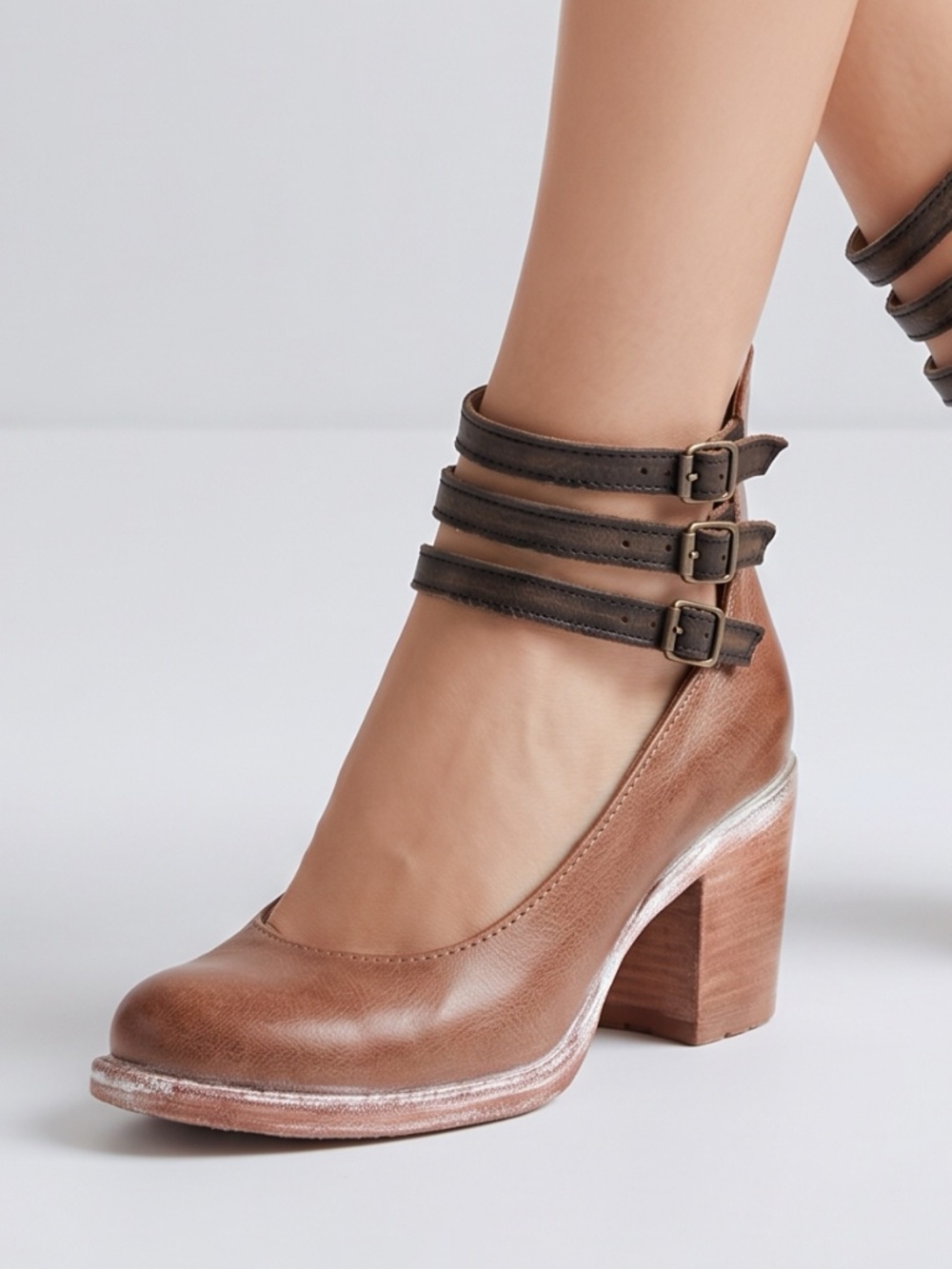 FREEBIRD • Randi Triple Strap Leather Mary Jane Heels Brown Size 7